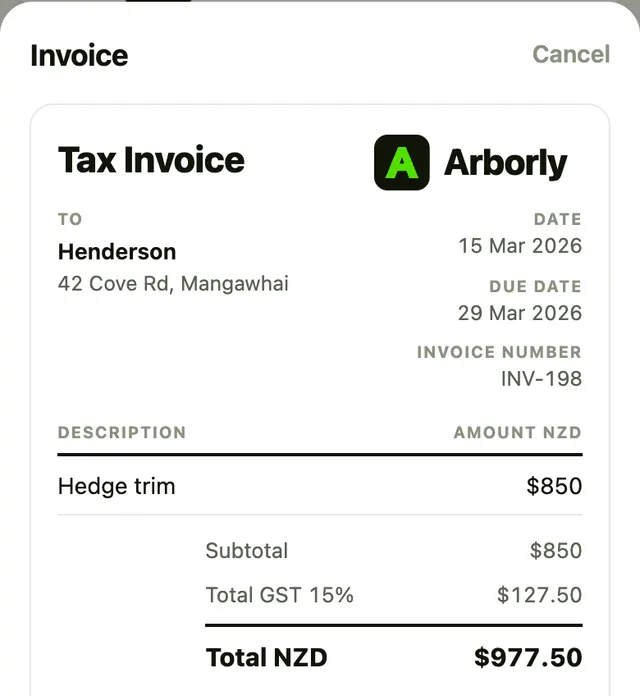 Arborly tax invoice with GST worked out