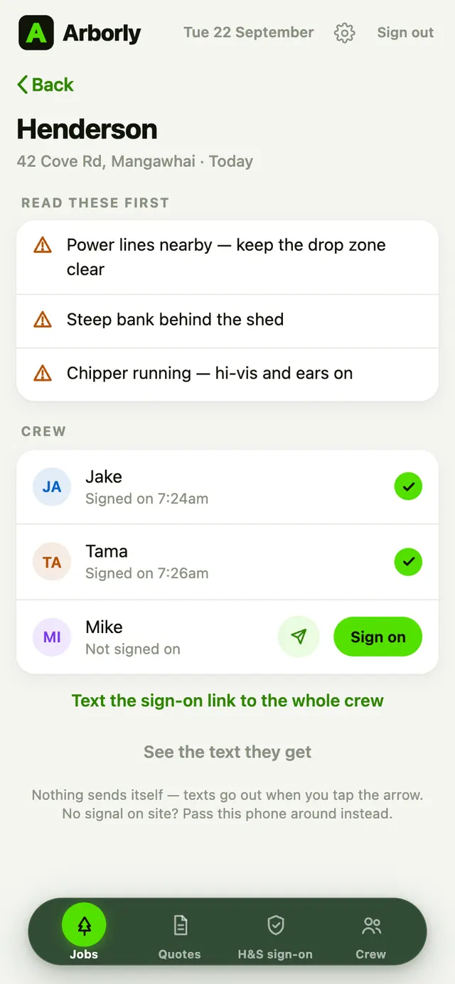 Arborly hazard sign-on screen on a phone